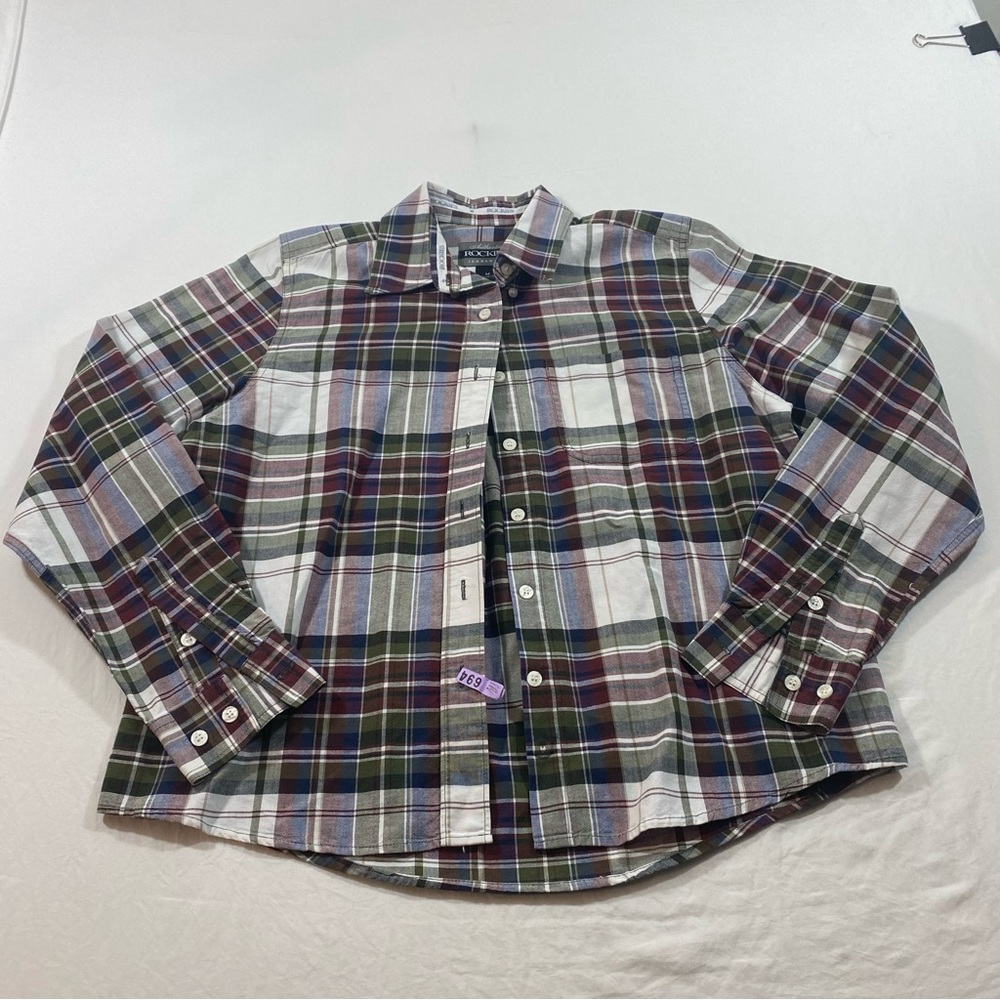 Rockies Jeans wear Shirt Women’s Médium Plaid long sleeve blue green shirt